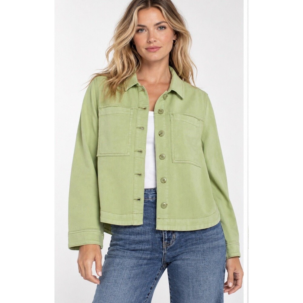 Liverpool Los Angeles High Low Denim Shacket Lotus Green Jean Jacket NWT Size XL